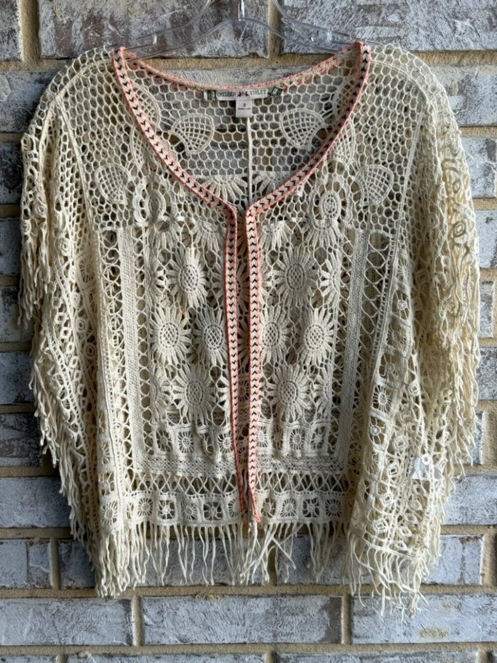 Chelsea & Violet Sleeveless Cream Fringe Crochet Boho Cover Up Women's Size S